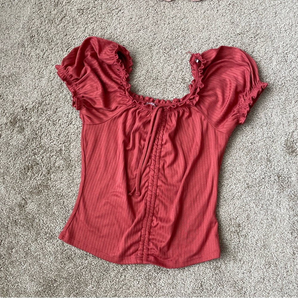 Women’s Coral Ruffled Peasant Top Convertible Crop Top Drawstring